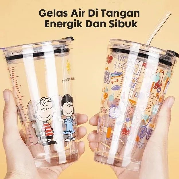 Gelas Air Kaca 400ml Cangkir kopi dengan tumbler retro kantor sedotan 400ml Tumblr Kaca Bening Gelas