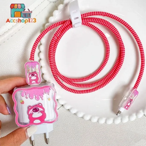 SET PAKET CUTE COVER WAVY PELINDUNG KEPALA & KABEL CHARGER SPIRAL/CABLE SET PROTECTOR KARAKTER FOR A