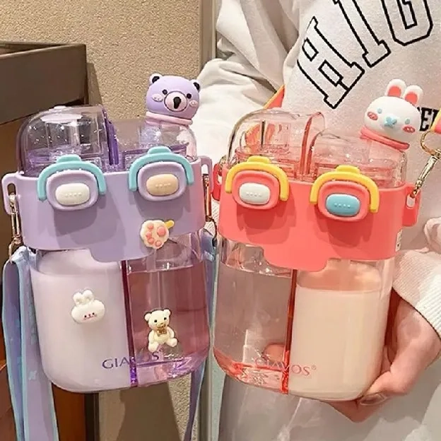 Botol Minum 2in1 Jumbo Bahan Tebal Botol Minum Anak 2 Sekat dengan Dual Fungsi Minum Karakter Lucu