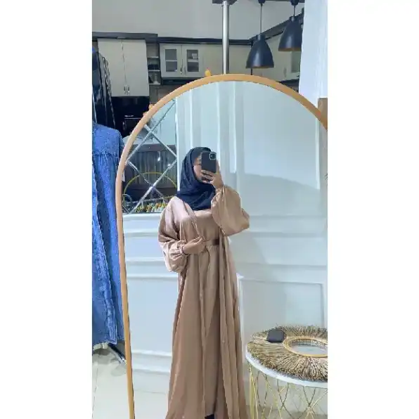 Long Outer Kasual Abaya Shimmer Silk free belt model lengan balon ada size S-M dan L-XL