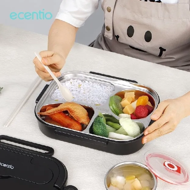 ecentio tempat makan anak sekolah 1000ml 304 Stainless steel 4 sekat dan Mangkuk Sup Stainless