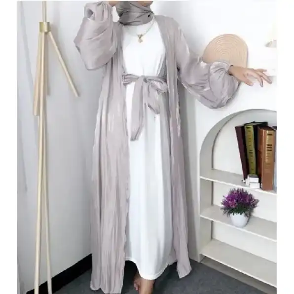 Long Outer Kasual Abaya Shimmer Silk free belt model lengan balon ada size S-M dan L-XL