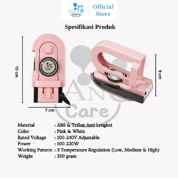 NANO CARE Setrika Mini Travel Dry Iron, Detachable handle Setrika Lipat Mini Portable