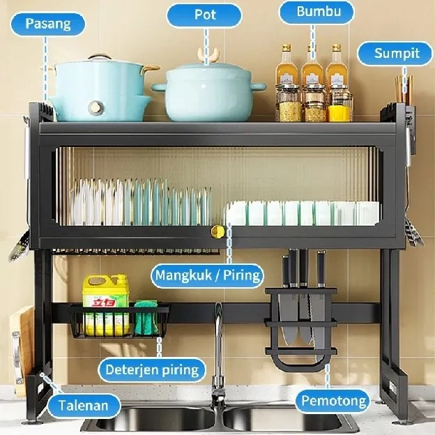 Rak Drainase Tahan Debu Teleskopik dengan Tutup Tempat Piring Wastafel rak dapur Stainless Steel Mul