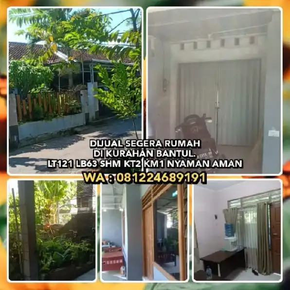 DIJUAL SEGERA RUMAH DI KURAHAN BANTUL.LT121 LB63 SHM KT2 KM1 NYAMAN AMAN.WA:081224689191* Luas Tanah