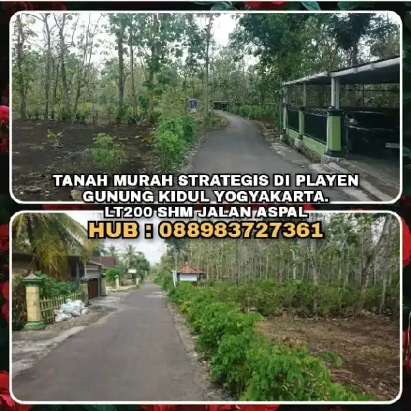 TANAH MURAH STRATEGIS DI PLAYEN GUNUNG KIDUL YOGYAKARTA.LT200 SHM JALAN ASPAL. H:088983727361>>