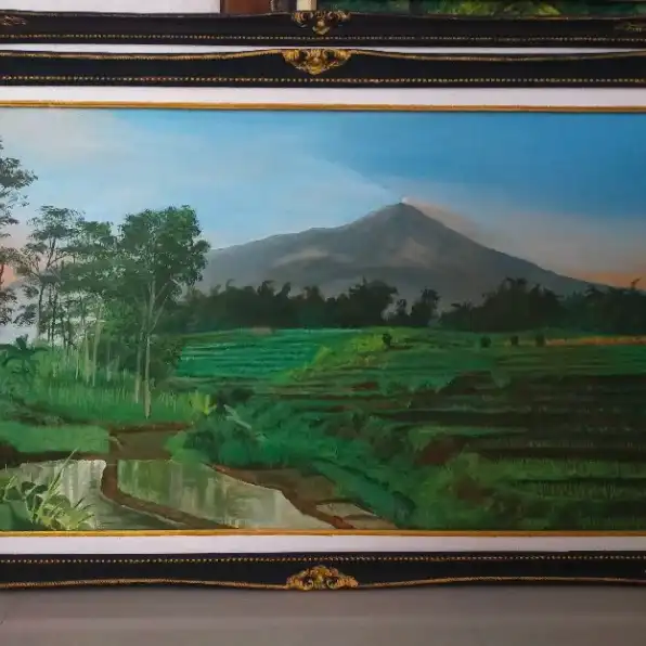 lukisan kanvas pemandangan sawah dan gunung 