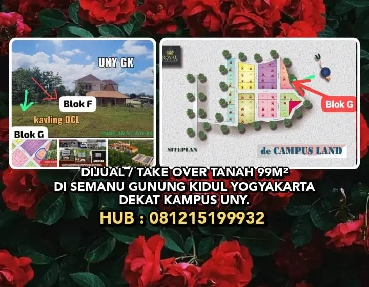 DIJUAL / TAKE OVER TANAH PEKARANGAN 99M² DI SEMANU GUNUNG KIDUL YOGYAKARTA. DEKAT KAMPUS UNY.