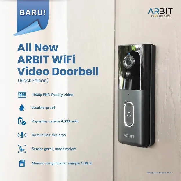 ARBIT WiFi Video Doorbell Pintar Waterproof Tahan Air IP65 1080p + Door Bell Chime Smart Home two wa