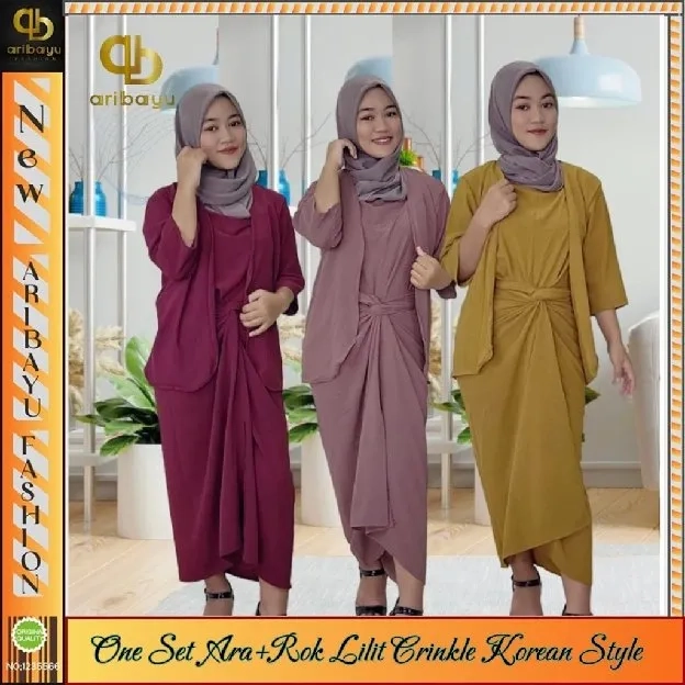 ONE SET ARA, setelan pakaian wanita  set tanktop  atasan + gardigan+ rok lilit  crinkle airflow kore