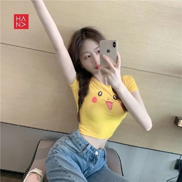 Pokemoon Crop Top Kaos Wanita bahan cotton scretch elastis