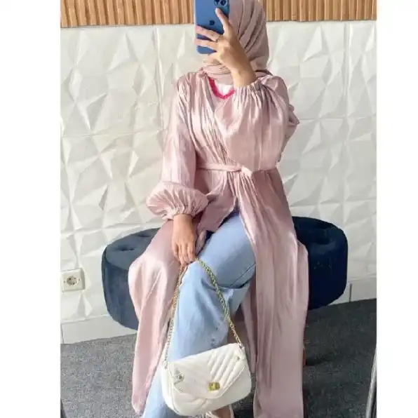 Long Outer Kasual Abaya Shimmer Silk free belt model lengan balon ada size S-M dan L-XL