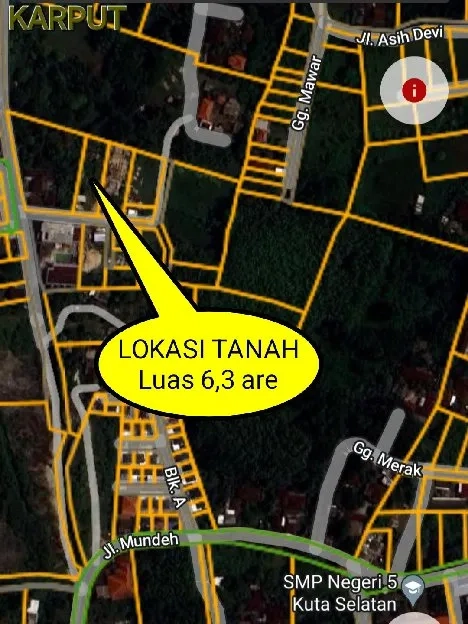 Dijual 6,3 are, Jl. Asih Devi Jl. Mundeh Utara SMP 5 Kutuh Kuta Selatan