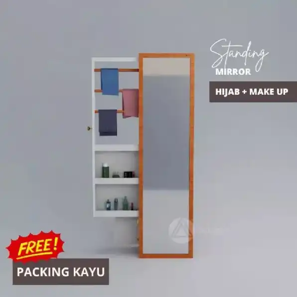 Cermin Lemari Hijab Make Up Standing Mirror Full Body Warna Coklat Kayu - Cermin Berdiri Rak Hijab