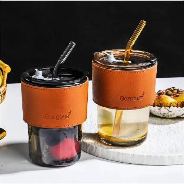 Botol Minum Kaca Bening Aesthetic Bottle Tumbler 400 ml Gelas Coffee Cup Botol Anti Slip Tumpah