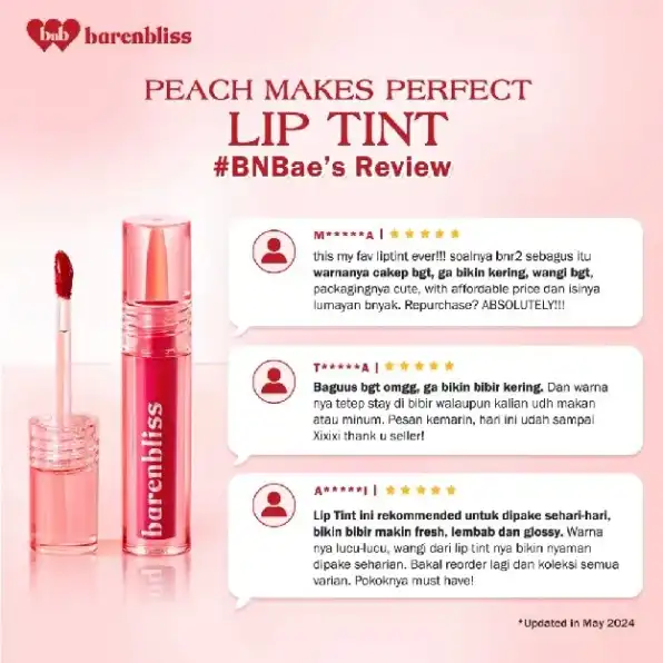 BNB BARENBLISS PEACH MAKES PERFECT LIP TINT KOREA LIP GLOSS TAHAN 24 JAM HASIL NATURAL 3 ML