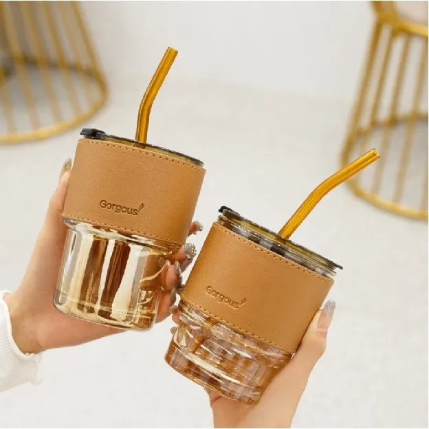 Botol Minum Kaca Bening Aesthetic Bottle Tumbler 400 ml Gelas Coffee Cup Botol Anti Slip Tumpah