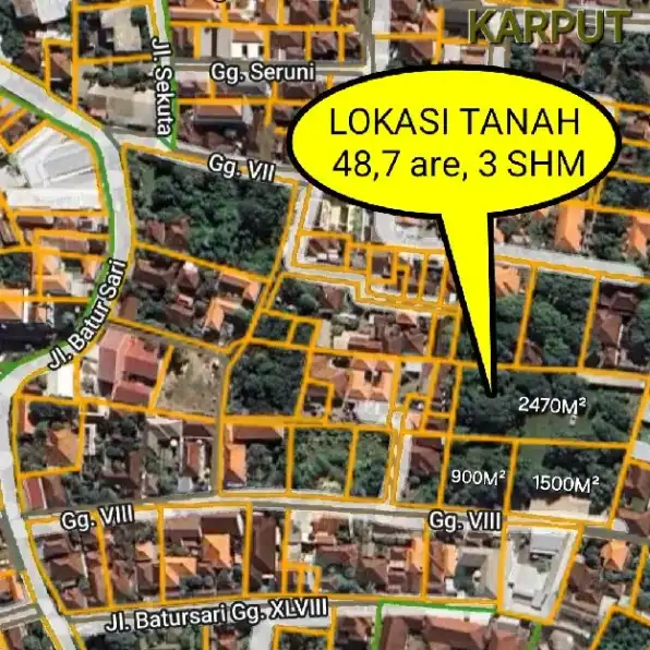 Dijual 10 are & 48,7 are, Jl. Batur Sari Sanur Kauh Denpasar Selatan