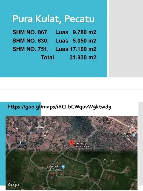 Dijual 3,193 Ha. Jl. Pura Kulat Labuansait Pecatu Kuta Selatan