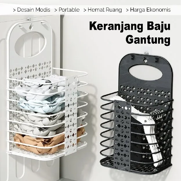 Keranjang Baju Pakaian Gantung + Hook Laundry Lipat Tempat Baju Kotor | Keranjang Buah Serbaguna