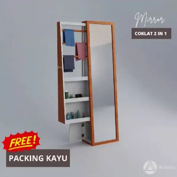 Cermin Lemari Hijab Make Up Standing Mirror Full Body Warna Coklat Kayu - Cermin Berdiri Rak Hijab