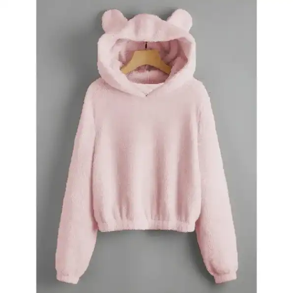 Sweater Hoodie Crope V Bear Sherpa Bulu Domba