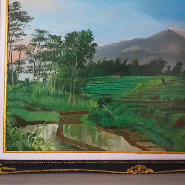 lukisan kanvas pemandangan sawah dan gunung 