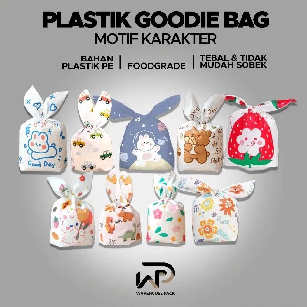 ( 10 PCS ) Plastik Goodie Bag Motif Karakter Kecil | Kemasan Plastik Karakter Souvenir | Kantong