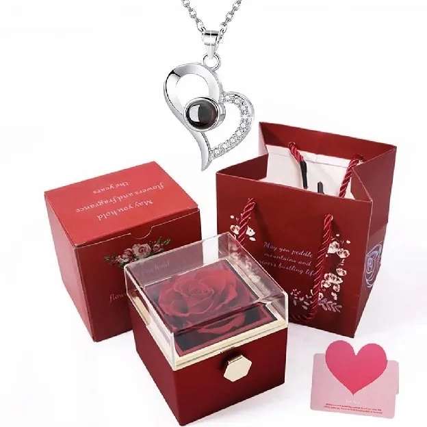 Diawetkan Mawar Asli Hidden Jewelry Box 925 Sterling Silver Kalung  100 Bahasa-The Beginning - Kado 