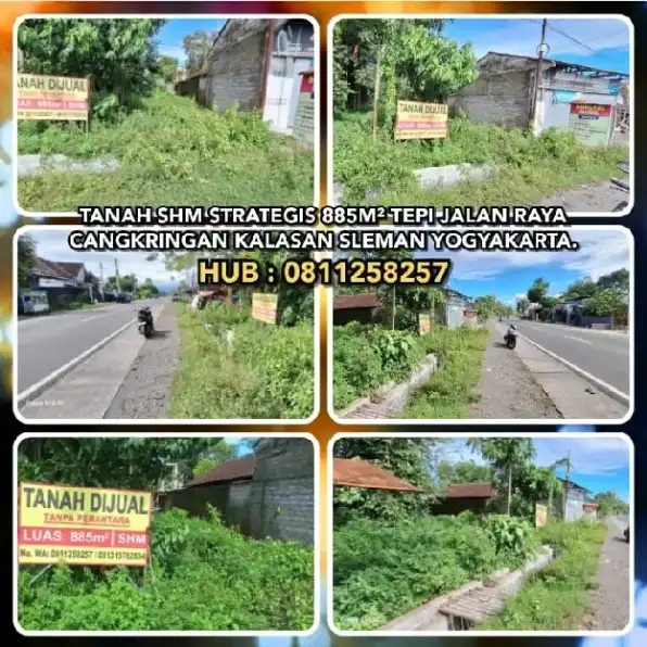 TANAH SHM STRATEGIS 885M² TEPI JALAN RAYA CANGKRINGAN KALASAN SLEMAN YOGYAKARTA.H:0811258257>> 