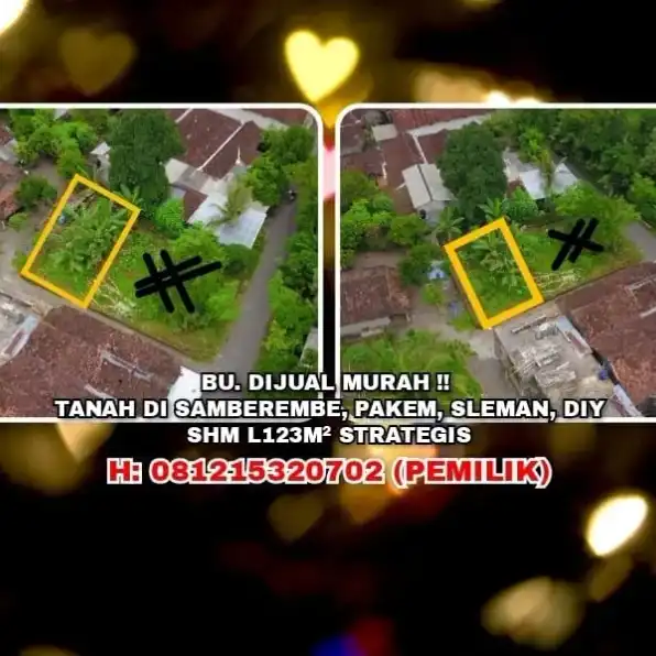 TANAH DIJUAL : BU. DIJUAL MURAH !! TANAH DI SAMBEREMBE, PAKEM, SLEMAN.SHM L123M². H: 081215320702