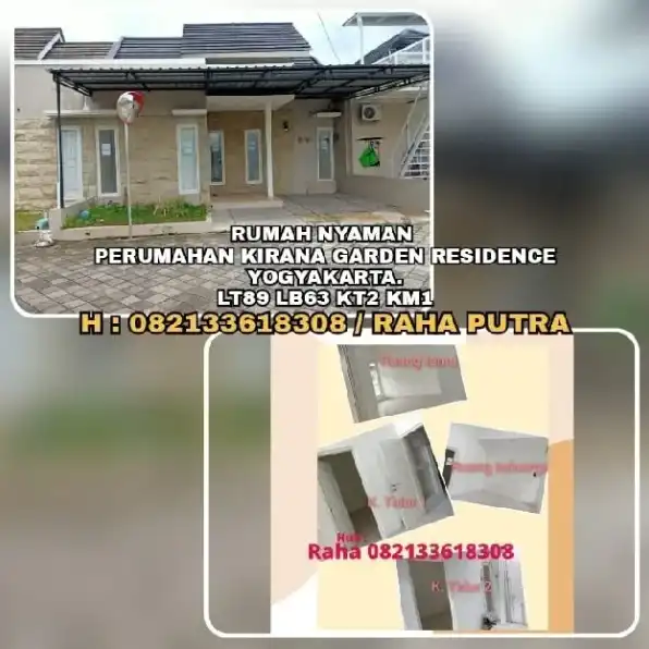 RUMAH DIJUAL : RUMAH NYAMAN DI KIRANA GARDEN RESIDENCE YOGYAKARTA.LT89 LB63 KT2 KM1.H: 082133618308