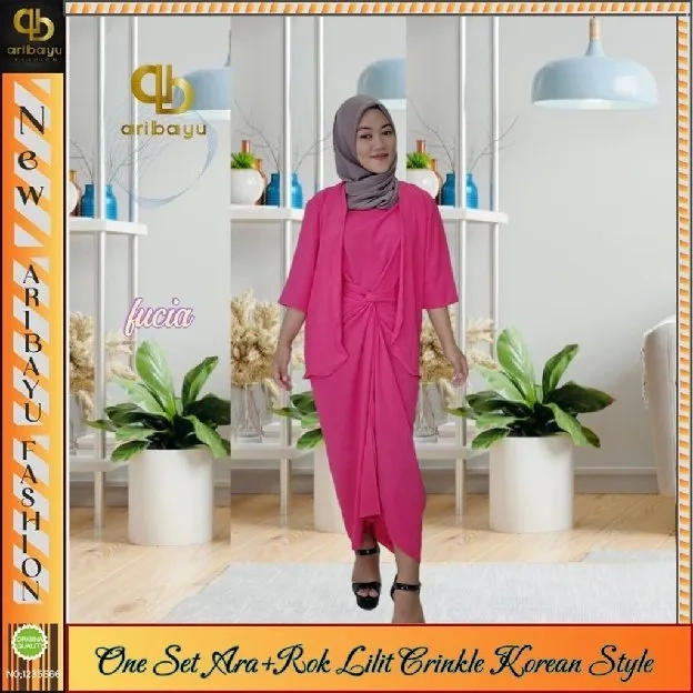 ONE SET ARA, setelan pakaian wanita  set tanktop  atasan + gardigan+ rok lilit  crinkle airflow kore