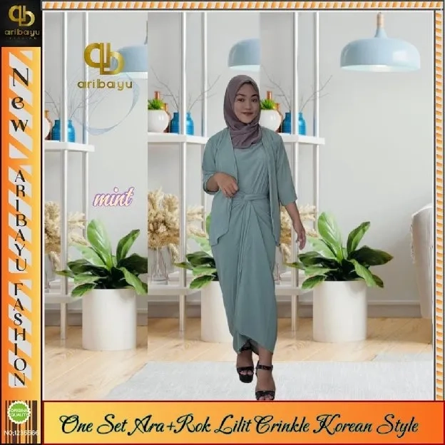 ONE SET ARA, setelan pakaian wanita  set tanktop  atasan + gardigan+ rok lilit  crinkle airflow kore