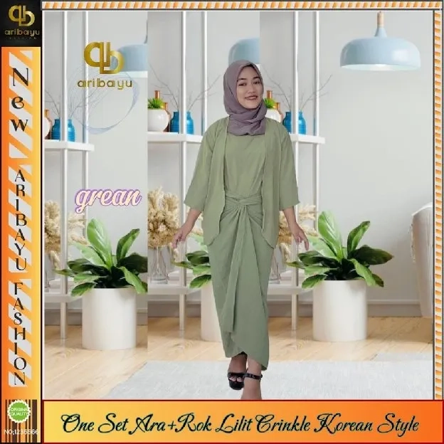 ONE SET ARA, setelan pakaian wanita  set tanktop  atasan + gardigan+ rok lilit  crinkle airflow kore