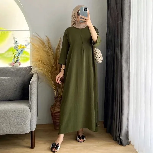 Daster Gamis Crinkle Polos Kekinian Lengan Tangan 3/4 Panjang Semata Kaki