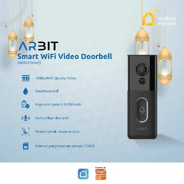 ARBIT WiFi Video Doorbell Pintar Waterproof Tahan Air IP65 1080p + Door Bell Chime Smart Home two wa