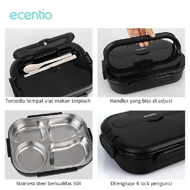 ecentio tempat makan anak sekolah 1000ml 304 Stainless steel 4 sekat dan Mangkuk Sup Stainless