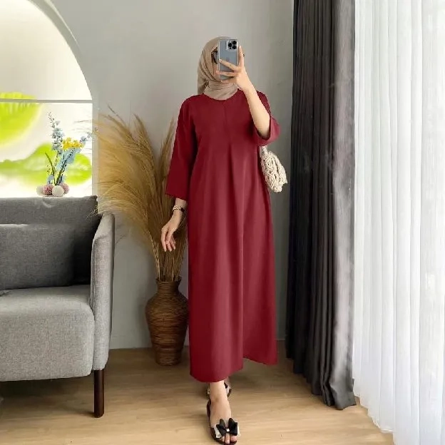 Daster Gamis Crinkle Polos Kekinian Lengan Tangan 3/4 Panjang Semata Kaki