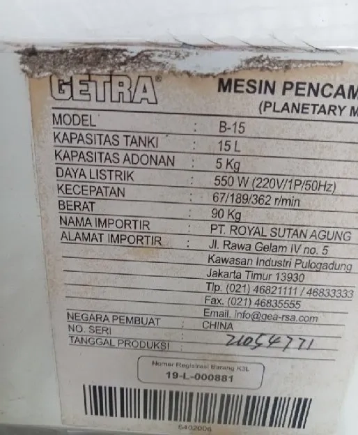 Cuci gudang NEW GETRA Planetary mixer B-15 Garansi