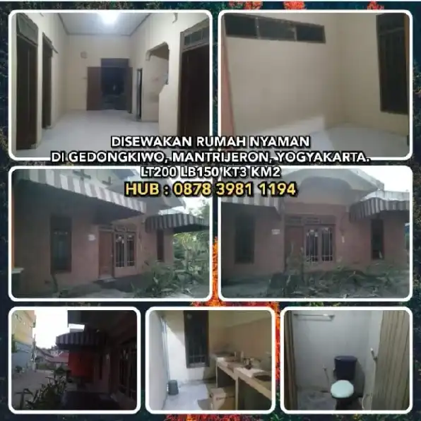 DISEWAKAN RUMAH DI GEDONGKIWO, MANTRIJERON, YOGYAKARTA.LT200 LB150 KT3 KM2.H:0878 3981 1194* 