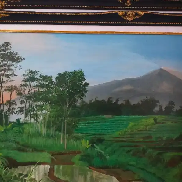 lukisan kanvas pemandangan sawah dan gunung 