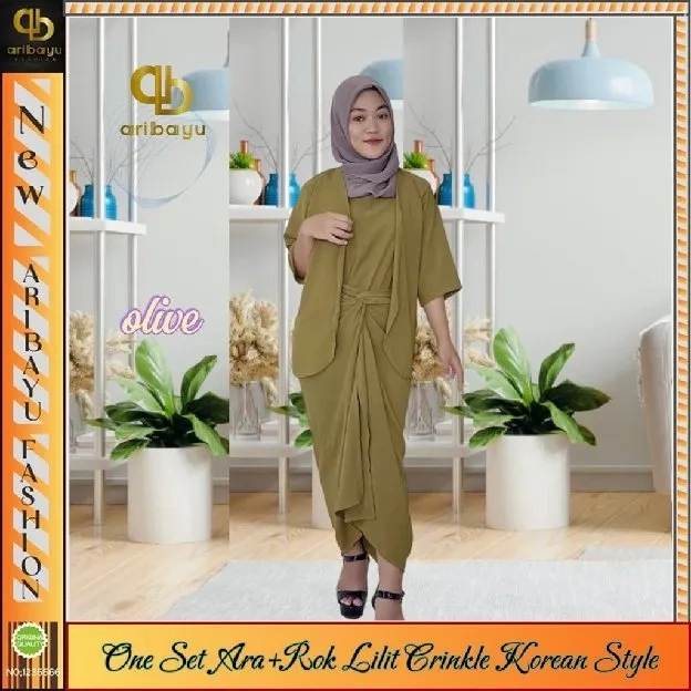 ONE SET ARA, setelan pakaian wanita  set tanktop  atasan + gardigan+ rok lilit  crinkle airflow kore