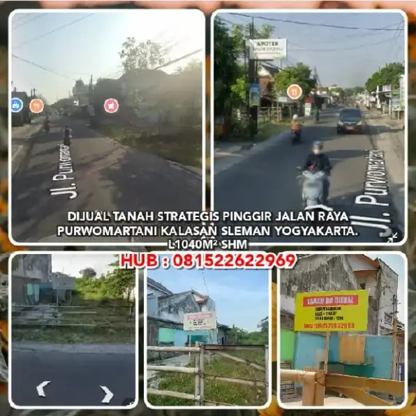 DIJUAL TANAH STRATEGIS PINGGIR JALAN RAYA PURWOMARTANI KALASAN SLEMAN YOGYAKARTA.L1040M² SHM.