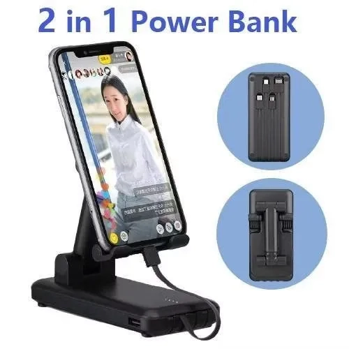 Powerbank Phone Holder 4 Kabel lightning Type C Micro USB Putih hitam