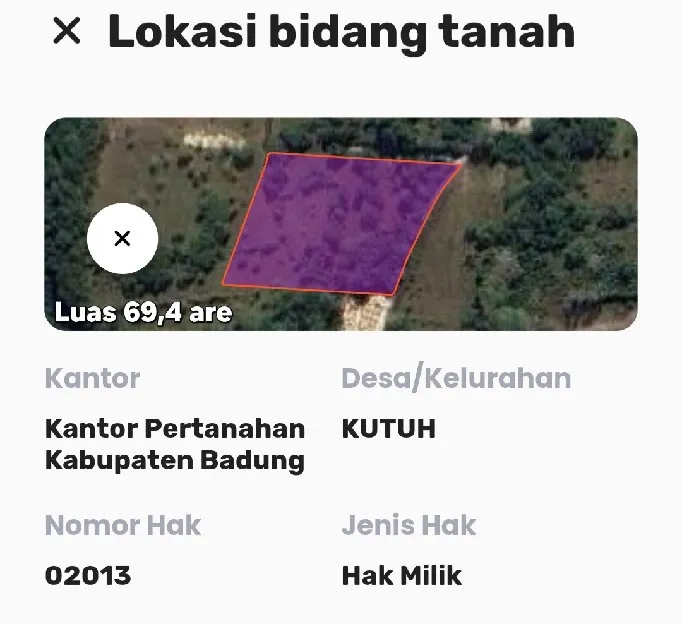 Dijual 69,4 are, Jl. Tukad Dalem Alas Arum Dharmawangsa Kutuh Kuta Selatan