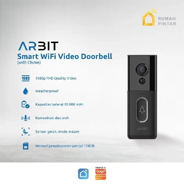 ARBIT WiFi Video Doorbell Pintar Waterproof Tahan Air IP65 1080p + Door Bell Chime Smart Home two wa