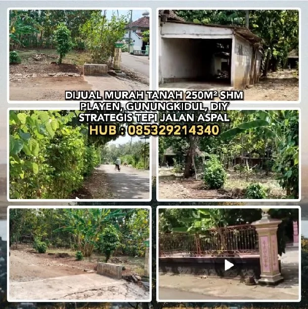 DIJUAL MURAH TANAH PEKARANGAN 250M² SHM PLAYEN, GUNUNGKIDUL, DIY.STRATEGIS TEPI JALAN ASPAL.