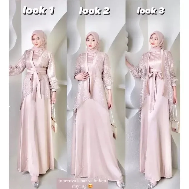 Fuji Dress Satu Set Inner Outer Kimono Gamis Muslim Wanita Pesta Kondangan Bridesmaid Wisuda Brokat 