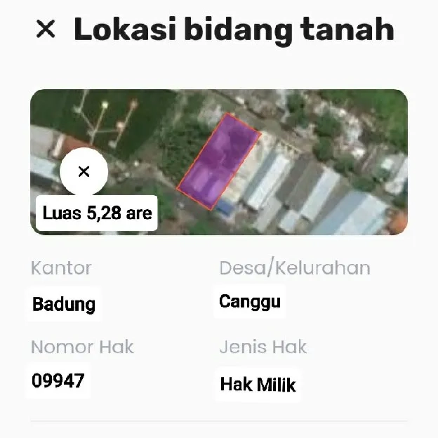 Dijual 5,28 are, Jl. Raya Canggu Timur MEN LARI Kuta Utara